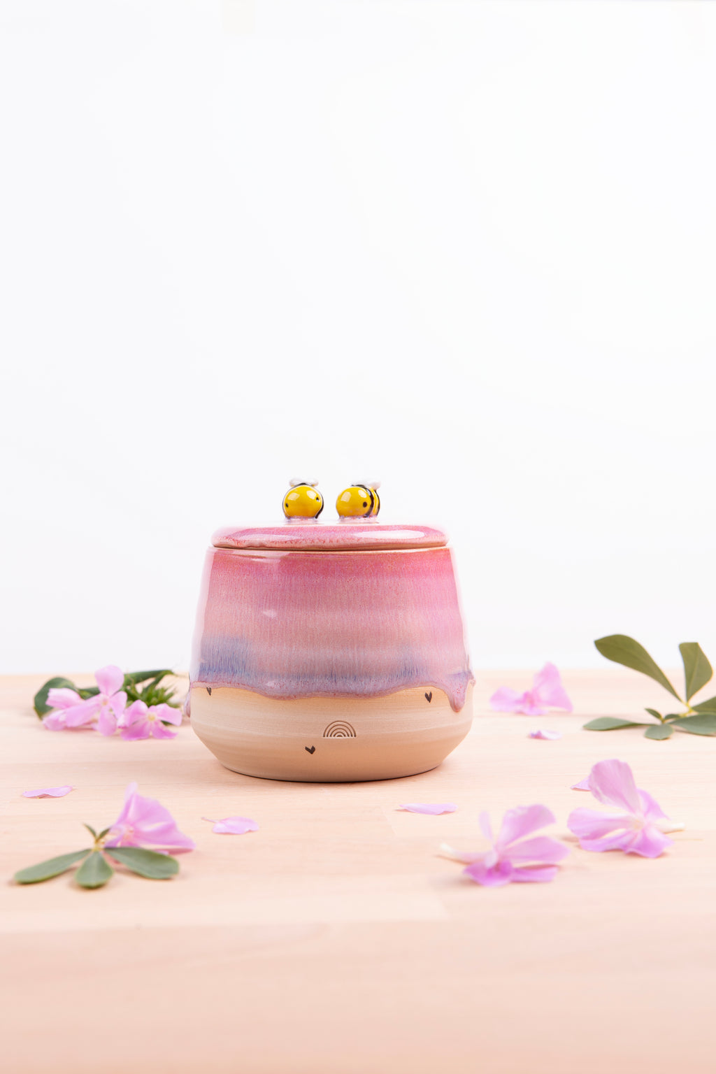 Lidded Jar with 2 handsculpted bumble bees (1074)