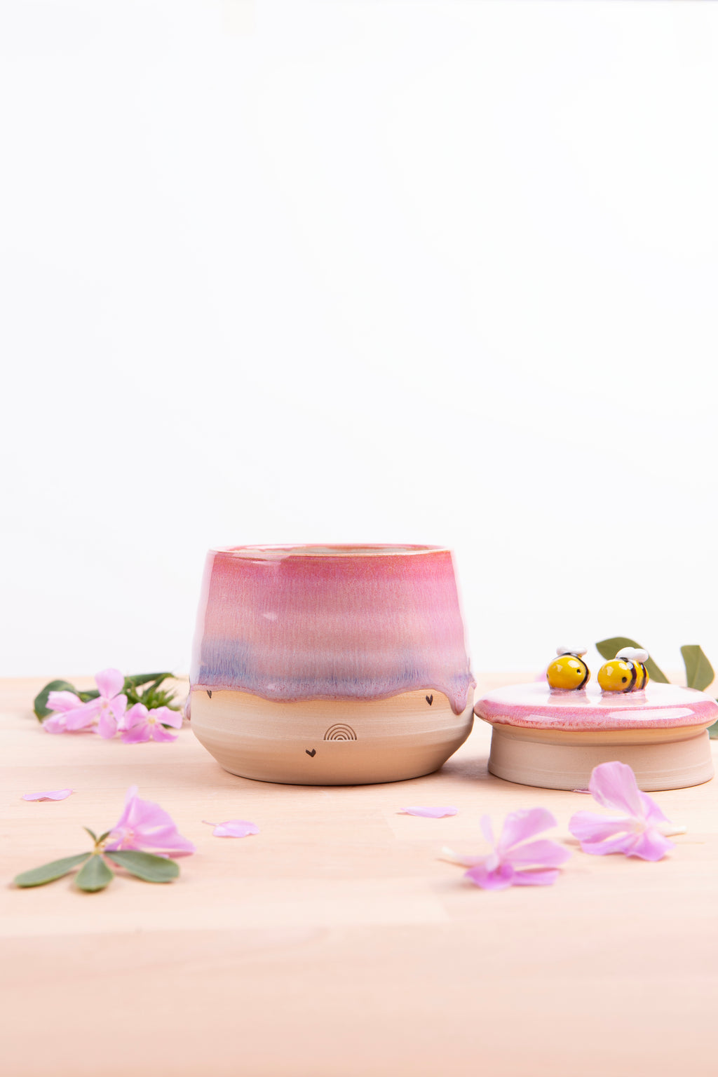 Lidded Jar with 2 handsculpted bumble bees (1074)